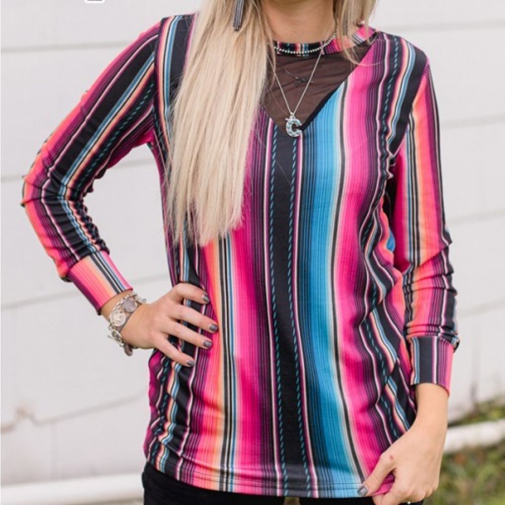 Crazy Train FLASHY FLARE TOP Serape Mesh Long Sleeves Light Weight Tee